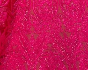 Neon Hot Pink Embroidered Sequins Fabric - 4 Way Stretch Fancy Big Damask Design Sequins on Spandex Mesh Prom Gala Gown Fabric By The Yard