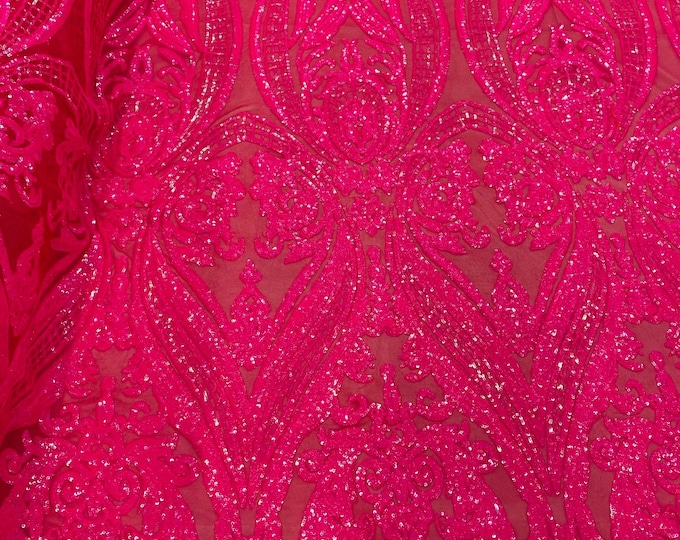 Neon Hot Pink Embroidered Sequins Fabric - 4 Way Stretch Fancy Big Damask Design Sequins on Spandex Mesh Prom Gala Gown Fabric By The Yard