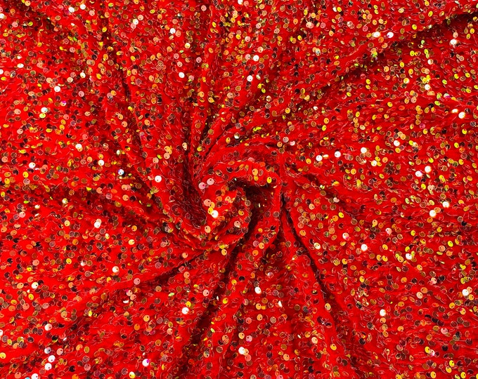 Clear Sequin on Red Stretch Velvet With Partial Luxury Sequins  5mm Shining Sequins 2-way Stretch 58/60” (Choose The Quantity)