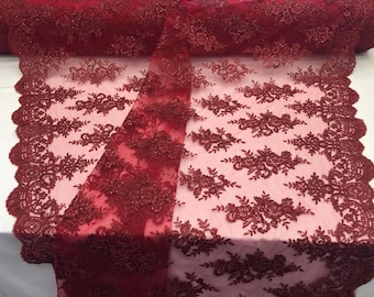 Burgundy Floral Lace Fabric: Corded Embroidery with Sequins