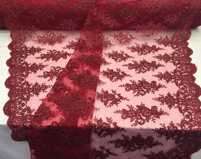 Burgundy Lace Fabric, Corded Flower Embroidery With Sequins on a Mesh Lace Fabric By The Yard