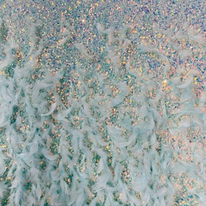 Clear Iridescent Sequin Velvet Fabric With Feathers on Mint Stretch ...
