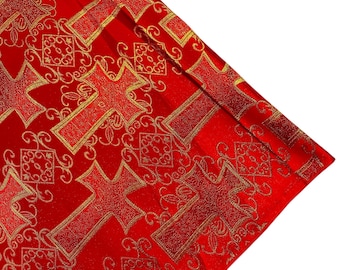 Red Gold Cross Brocade Fabric: Liturgical Jacquard By The Yard