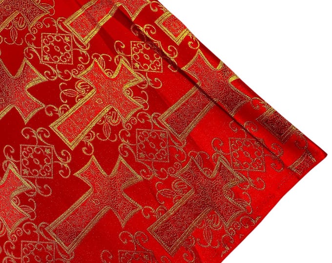 Red Gold Liturgical Metallic Cross Brocade Fabric By The Yard, Religious Brocade, Cross Brocade Jacquard, Ecclesiastical Jacquard-Church