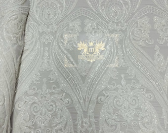 White Sequined Damask Fabric: 4-Way Stretch Spandex Mesh, Prom Gown Material