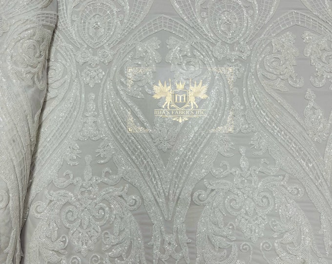 White Sequins - 4 Way Stretch Fancy Big Damask Design Sequins on Spandex Mesh Prom Gala Gown Fabric By The Yard