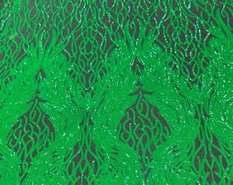 Neon Lime Sequin Lace Fabric, Damask Embroidered Mesh, 4-Way Stretch, Prom Gown