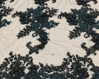 Navy 3D Flower Lace Fabric: Sequined & Beaded Mesh, Prom Dress Material