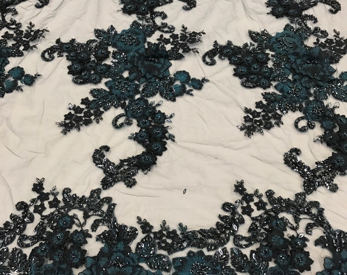 Navy 3D Flower Design - by the yard - Embroider With Sequins and Beaded On a Mesh Lace Fabric 3D Floral-Prom-Dresses-Nightgown