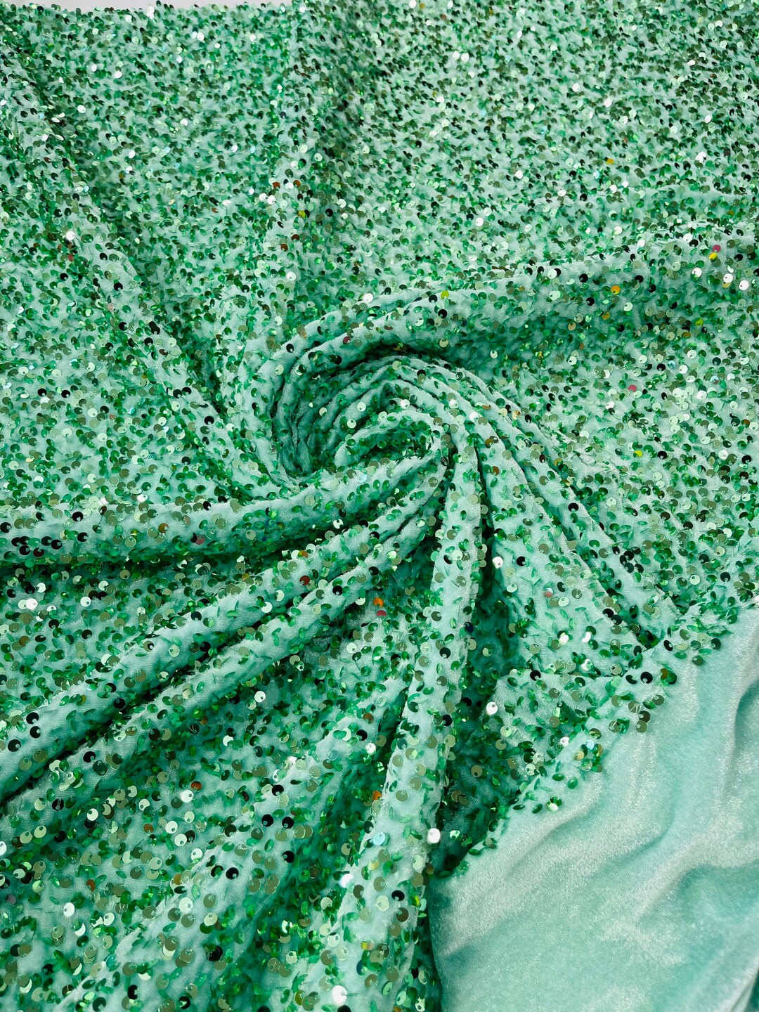 Mint Sequin Velvet Fabric on Mint Stretch Velvet by the Yard All Over