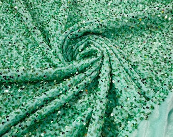 Mint Sequin Velvet Fabric | on Mint Stretch Velvet | by the yard | all Over 5mm Sequins Velvet 2-way Stretch 58/60”