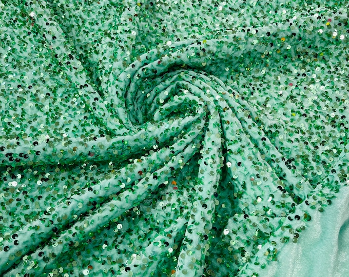 Mint Sequin Velvet Fabric | on Mint Stretch Velvet | by the yard | all Over 5mm Sequins Velvet 2-way Stretch 58/60”