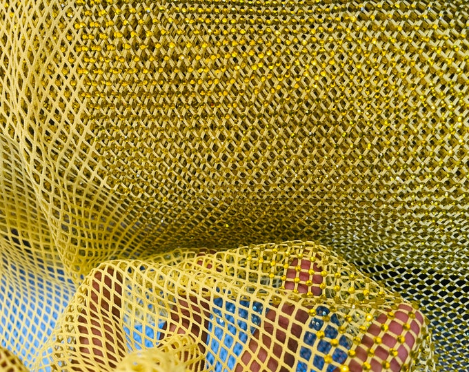 Yellow Rhinestone Fabric On Yellow Stretch Net Fabric, Spandex Fish Net with Crystal Stones sold by the yard