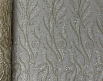 Embroidered Beaded Lace Fabric, Cream Floral Mesh, Bridal Gown Fabric