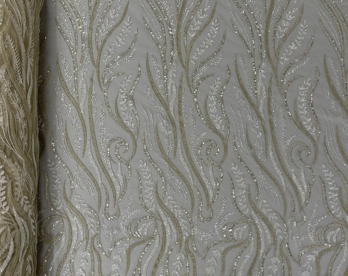 Clear Beaded Fabric by the yard, Embroidered With Beaded Sequin on  Cream Mesh, Floral Bridal Lace Fabric (Pick a size )