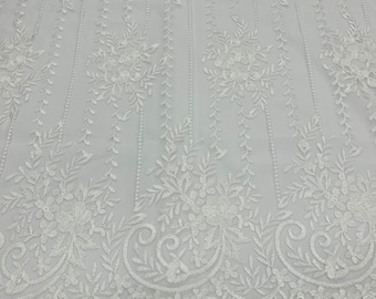 White Floral Embroidered Lace Fabric: Scalloped Edge Mesh, Bridal Gown