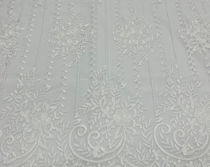 White Floral Lace Fabric, Embroidery on a Mesh Lace Fabric For Gown, Wedding-Bridal-Dress By The Yard