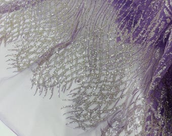 Lilac Beaded Damask Fabric: Bridal Appliqué Lace