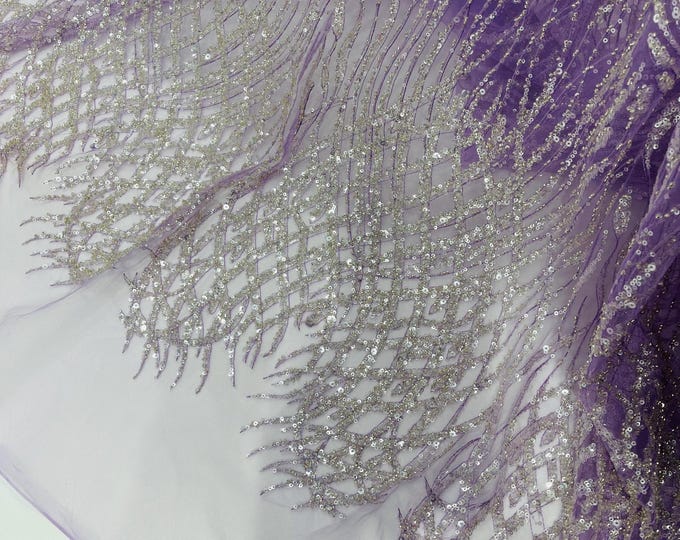 Lilac Beaded Fabric by the yard, Bridal Heavy beaded, Damask Pattern With Beads and Sequin, Appliqué lace for bridals,weddings,prom dress.
