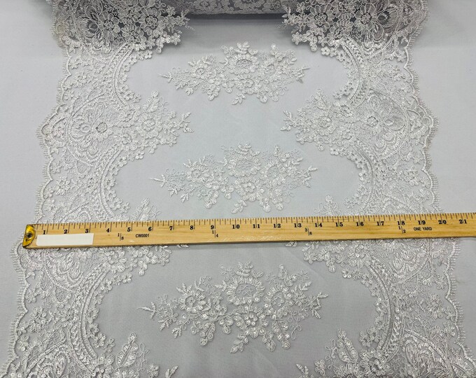 White Floral Lace Fabric For Runner - by the yard - Embroidery With Sequins on a Mesh Lace Fabric For Wedding-Bridal