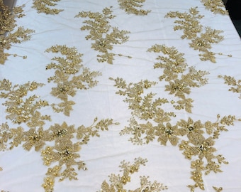 Gold Floral Beaded Lace Fabric – Embroidered Wedding Bridal Mesh, Sold By Yard