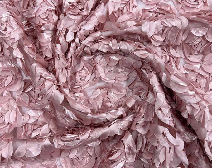 Dusty Rose Rosette Fabric 3D Floral Fabric By The Yard, Peony Bouquet Fabric on Mesh, 3D Rosette Satin Fabric Wedding Decor.