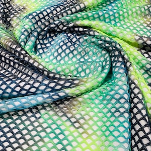 Neon Green/Navy Blue 4 Way Stretch Fishnet Diamond Tie Dye W/Silver Glitters 58/60" Wide, Fishnet Tie Dye Diamond, Nylon Spandex Fabric