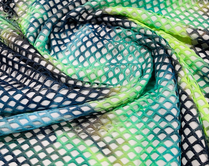 Neon Green/Navy Blue 4 Way Stretch Fishnet Diamond Tie Dye W/Silver Glitters 58/60" Wide, Fishnet Tie Dye Diamond, Nylon Spandex Fabric