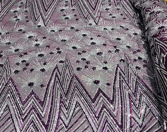 Purple/Silver Geometric Design 4 Way Stretch, Embroidered With Sequins On Power Mesh, By The Yard