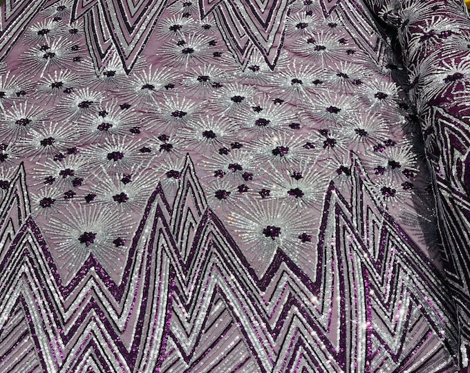 Purple/Silver Geometric Design 4 Way Stretch, Embroidered With Sequins On Power Mesh, By The Yard