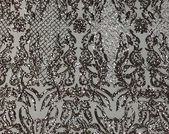 Rose Gold Damask Sequin Fabric: Embroidered 4-Way Stretch Polyester By The Yard