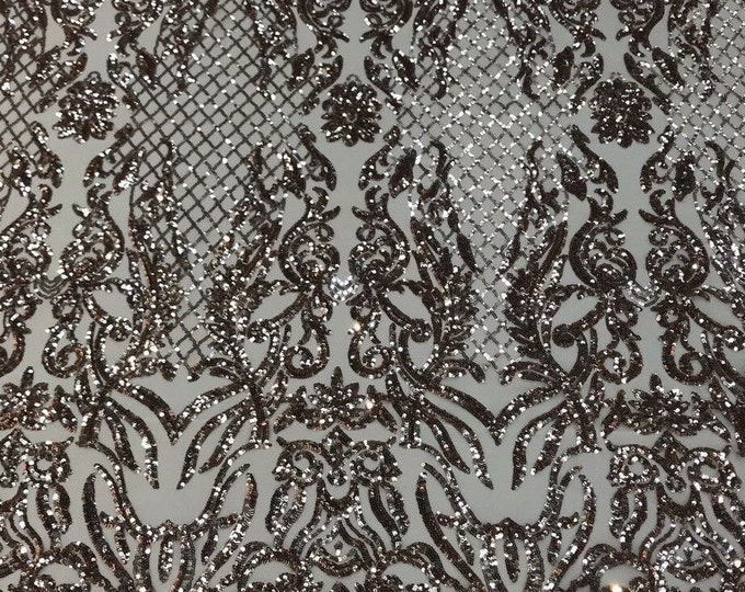 Rose Gold -  Luxury Damask Design Embroidered Spandex 4way Stretch Sequin By Yard -Prom-Gown ( Choose The Size )