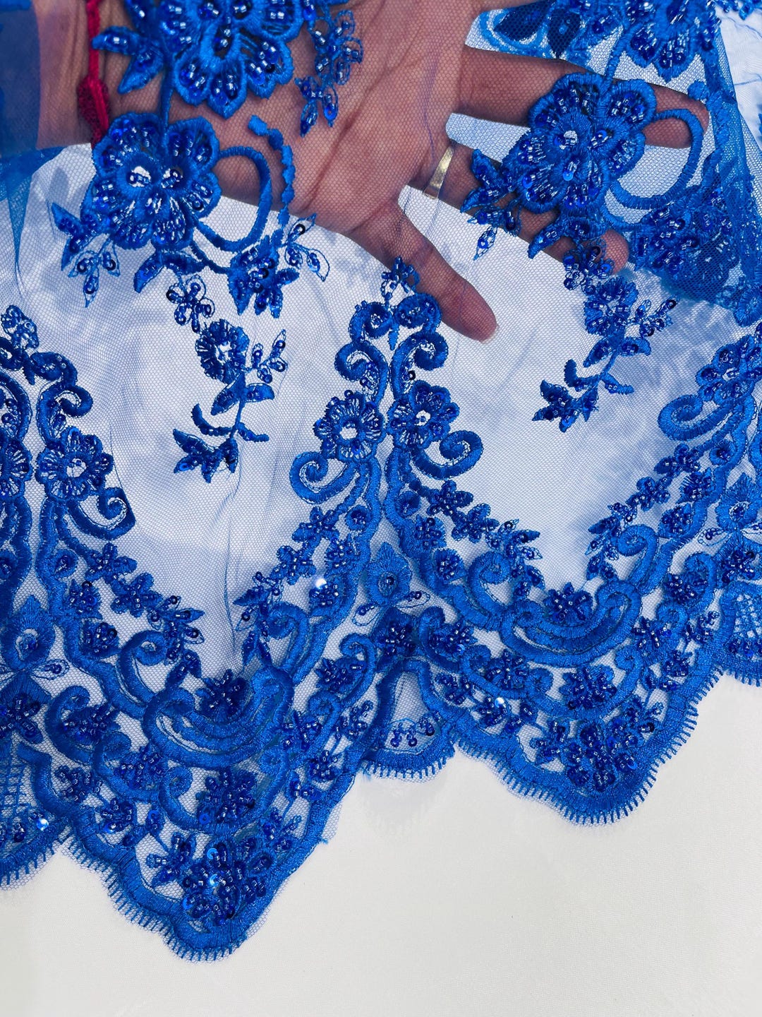 Embroidery Beaded Fabric - Royal Blue - Beaded Floral Bridal Embroidery Fabric Sold by the yard main image 1