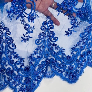 Royal Blue Embroidery Beaded Fabric With Sequin on a Mesh, Royak Beaded Fabric Floral Bridal Lace Fabric by the yard