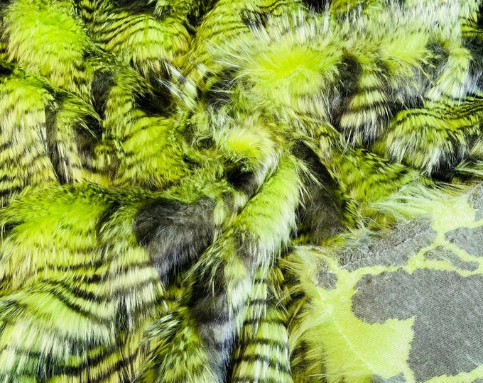 Lime Green Black Feather Shaggy Soft Faux Fur Fabric By Yard, Long Pile Thick Fur Fabric Fake Fur, Hobby, Costume, Decoration 60" Wide