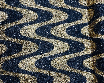 Black & Gold Sequin Stretch Velvet Fabric - Wavy Line Design
