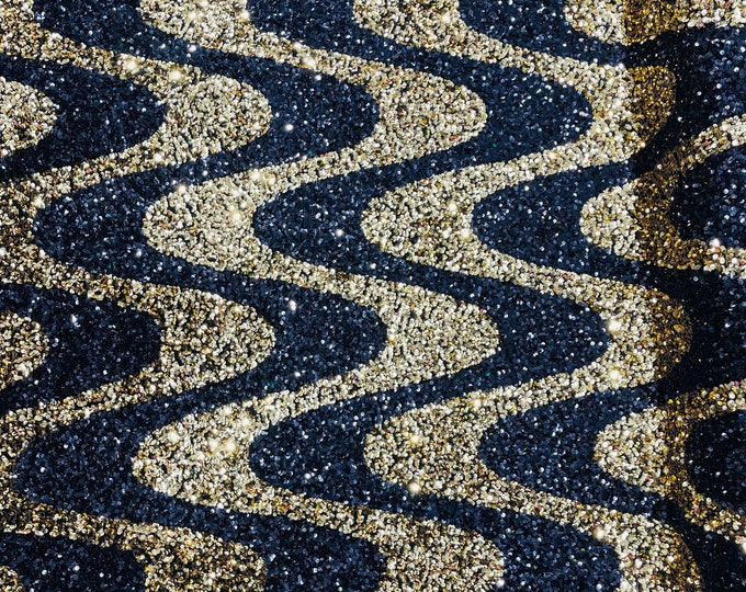 Stretch Velvet Sequins - Black / Gold Sequin on Stretch Velvet Fabric - Wavy Line Design with 5mm Sequins By Yard