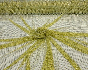Yellow Rhinestone Fishnet Fabric: Iridescent Crystal Spandex, Sold by the Yard