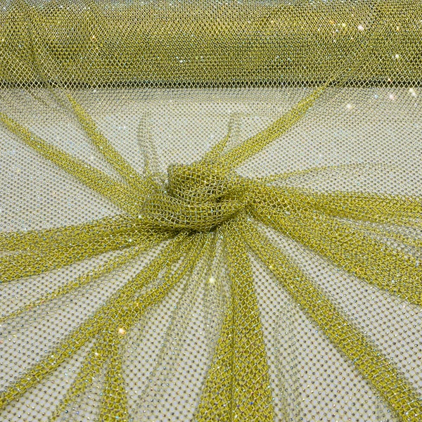 Iridescent Rhinestones Fabric On Yellow Stretch Net Fabric, Spandex Fish Net with Crystal Stones sold by the yard