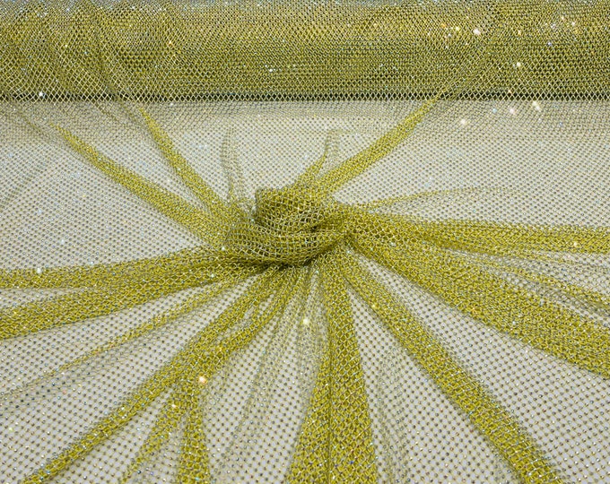 Iridescent Rhinestones Fabric On Yellow Stretch Net Fabric, Spandex Fish Net with Crystal Stones sold by the yard