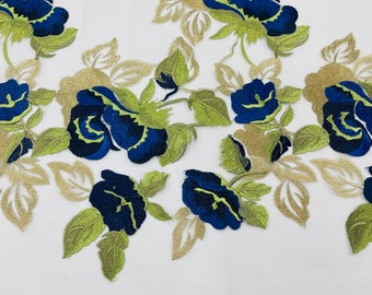 Royal Blue Floral Embroidered Mesh Lace Fabric, Gold Leaves, Bridal Wedding Dress Lace