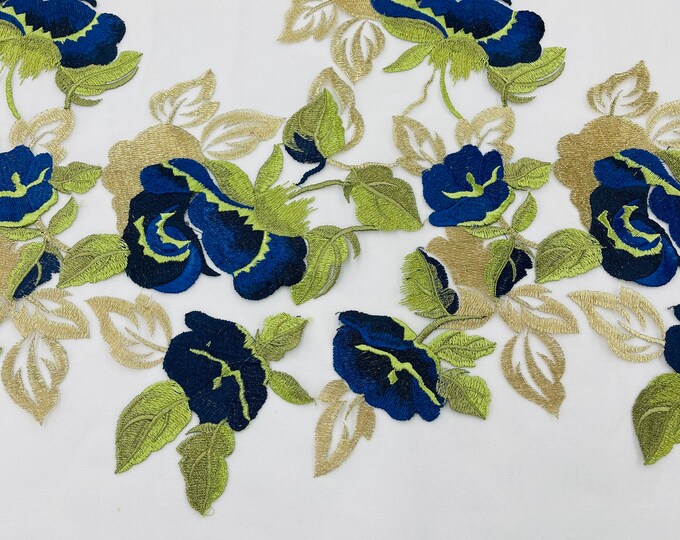 Royal Blue/Gold Floral and Leaves Embroidery on a Mesh Lace Fabric , Floral Bridal Lace Wedding Dress by the Yard (Pick a Size)