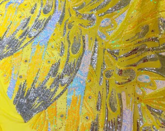 Iridescent Sequin Fabric By The Yard | Yellow, Aqua & Silver 4-Way Stretch