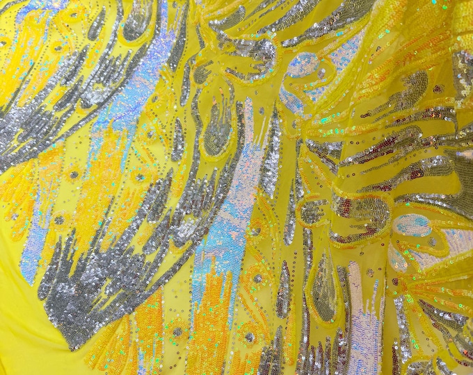 Iridescent Sequin Fabric By The Yard | Yellow, Aqua & Silver 4-Way Stretch
