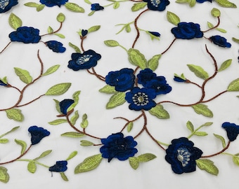 Royal Blue Floral Embroidery Lace Fabric: Bridal Wedding Dress