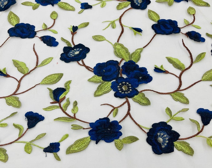Royal Blue Floral and Leaves Embroidery on a Mesh Lace Fabric , Floral Bridal Lace Wedding Dress by the Yard (Pick a Size)