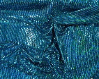 Honeycomb Foil Fabric - Iridescent Turquoise- Hexagon Print On Black Spandex Fabric By The yard, (Choose The Size)