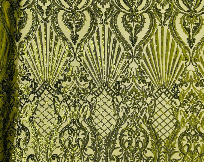 Olive Sequin Fabric, Selena Damask Design on a 4 Way Stretch Sequin Lace Mesh - Prom Gala Gown Fabric By Yard