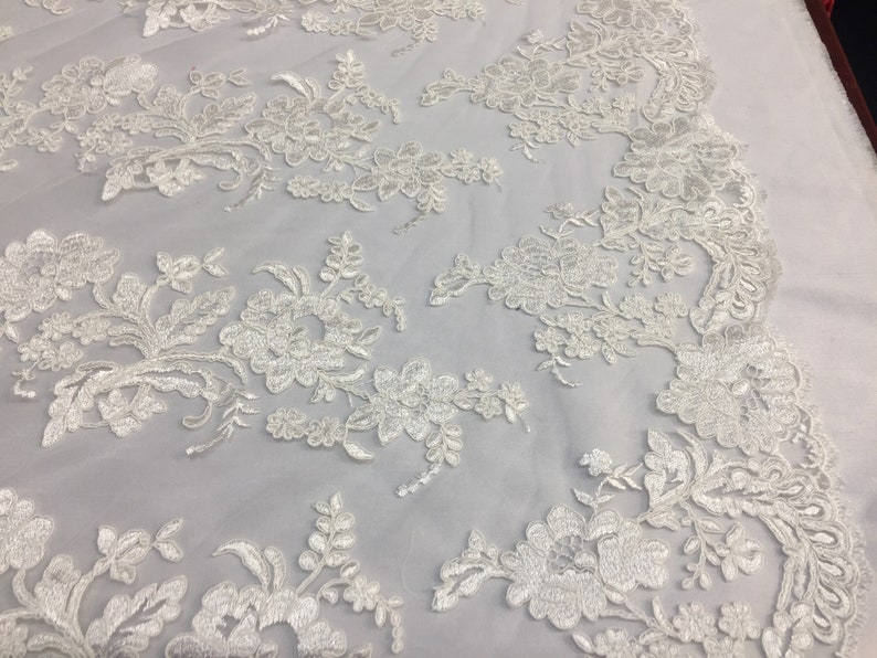 Pick a Size Ivory Flower Design Embroidered on Mesh Lace Fabric Floral Bridal Lace Wedding Dress by the Yard