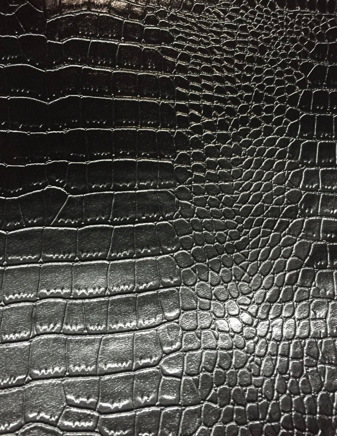 Embossed Big Nile Crocodile Skin Black Leather Vinyl Alligator Faux Fabric